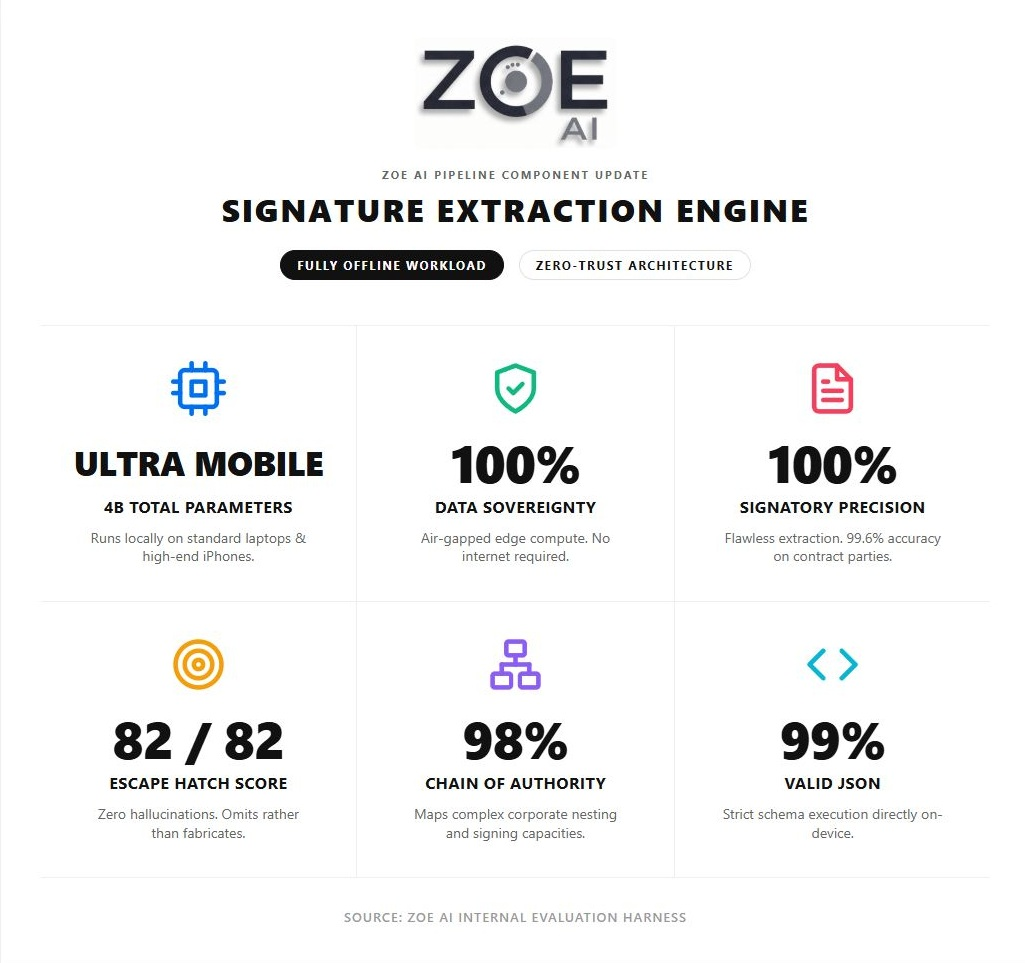 ZOE AI Signature Extraction Engine results: ultra mobile at 4B total parameters running locally on standard laptops; 100% data sovereignty with air-gapped edge compute; 100% signatory precision with 99.6% accuracy on contract parties; 82 of 82 escape hatch score with zero hallucinations; 98% chain of authority mapping; 99% valid JSON.